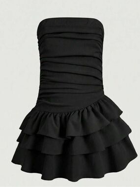 Black Strapless Ruffled Mini Skirt Dress